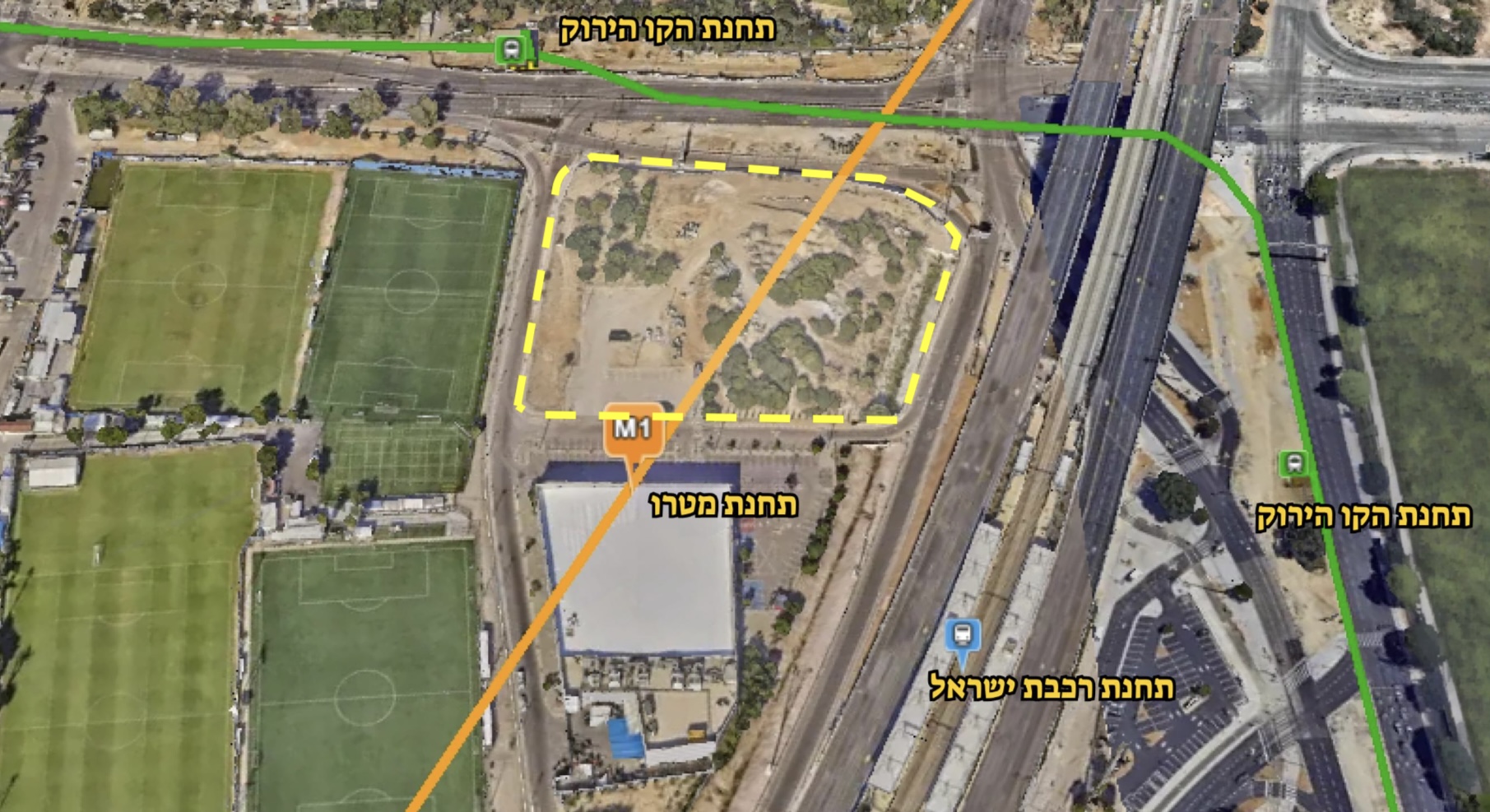 מפת מיקום הקרקע בתל אביב עם קווי הרכבת הקלה והמטרו